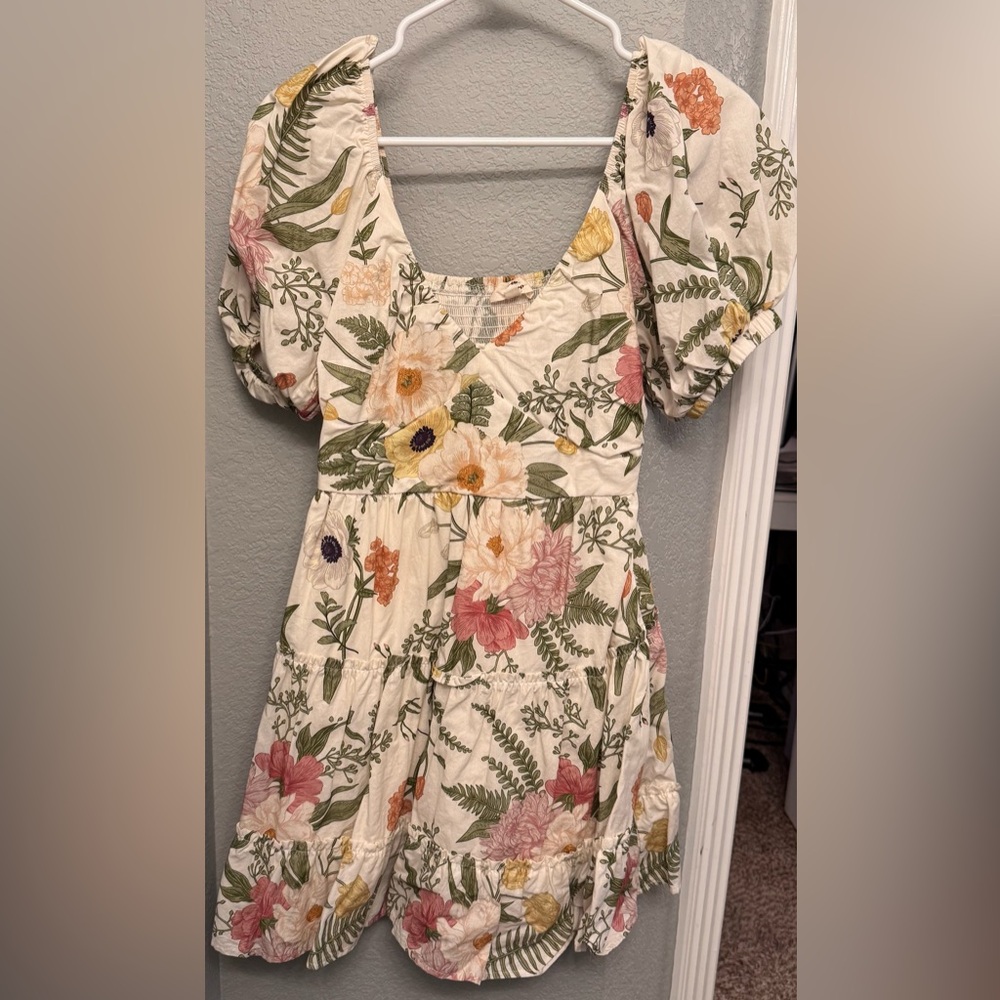 Entro Floral Puff Sleeve Tiered Mini Dress Size Small Cottagecore